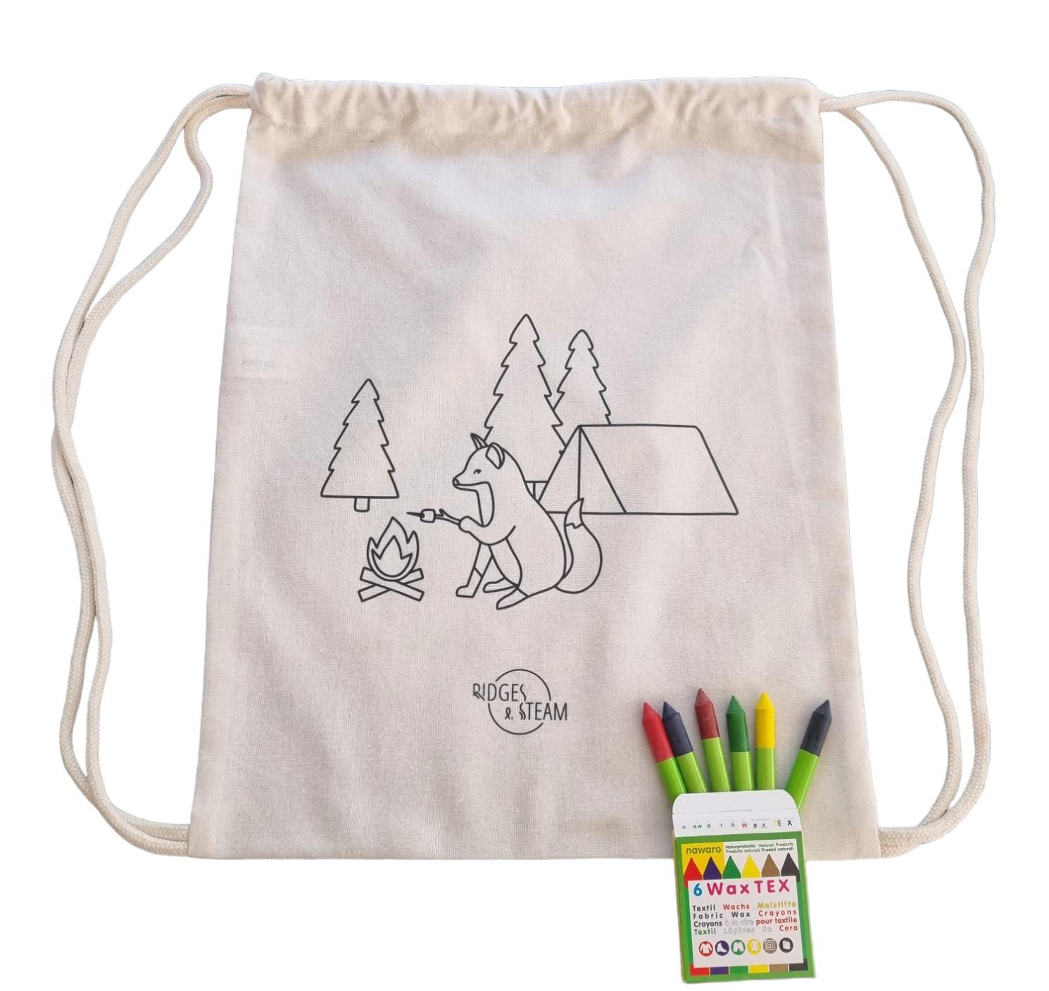 Gym bag 'Camping bliss- fox' + Nawaro Textile wax crayons - Ridges And Steam