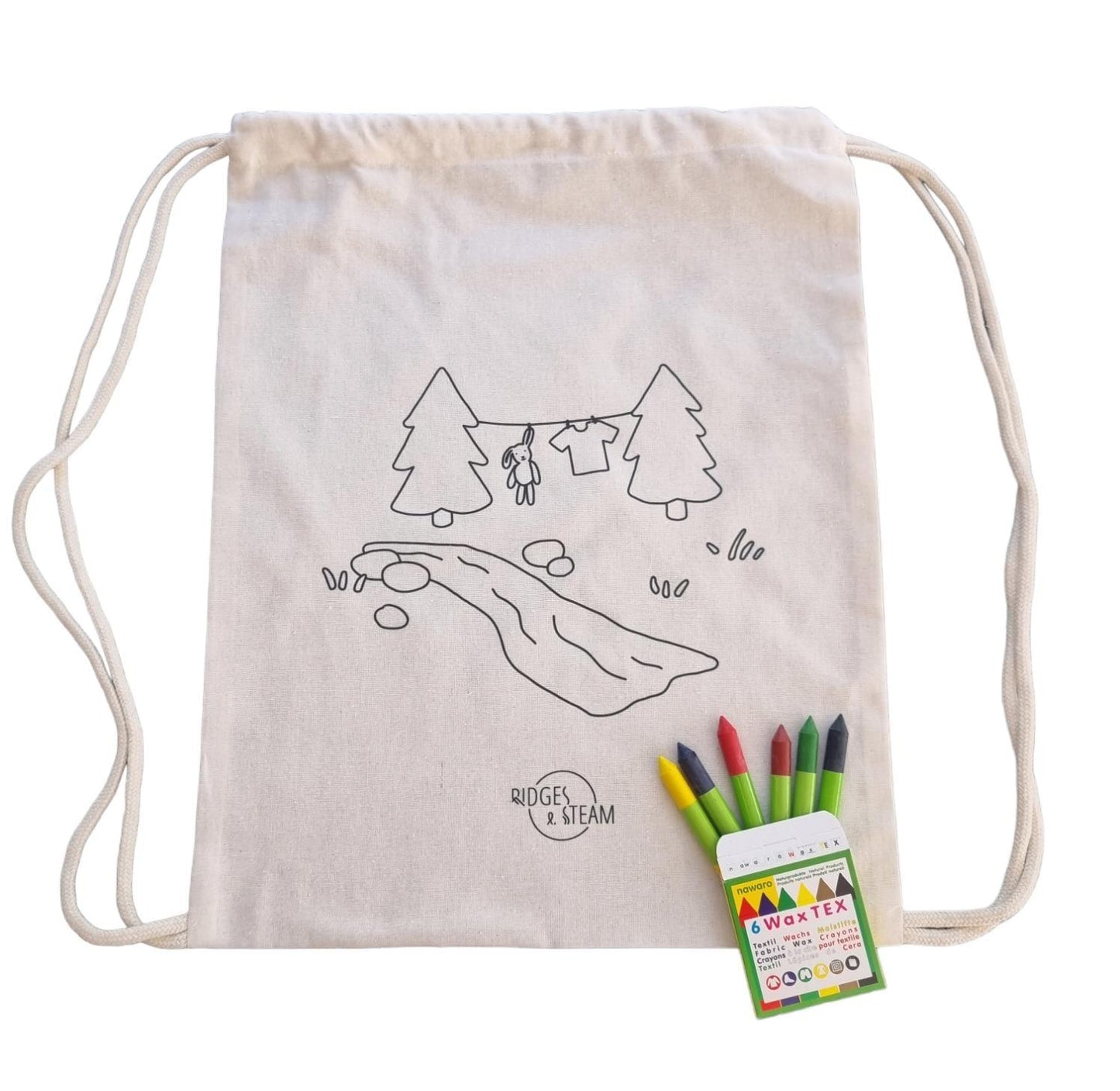 Gym bag 'Camping bliss- laundry day' + Nawaro Textile wax crayons - Ridges And Steam