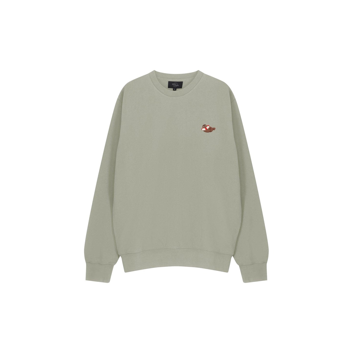 Eco-friendly and comfy sage green sweater for men. High quality, made from organic & recycled cotton. Very cuddle proof thanks to the soft inside and the sea lion embroidery.